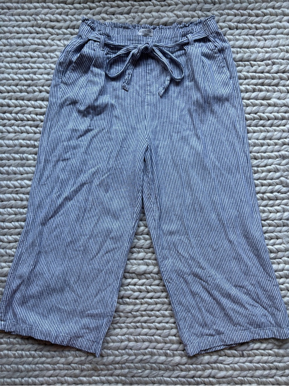 Ellen Tracy Linen Striped Cropped Wide-Leg Pants — Size L